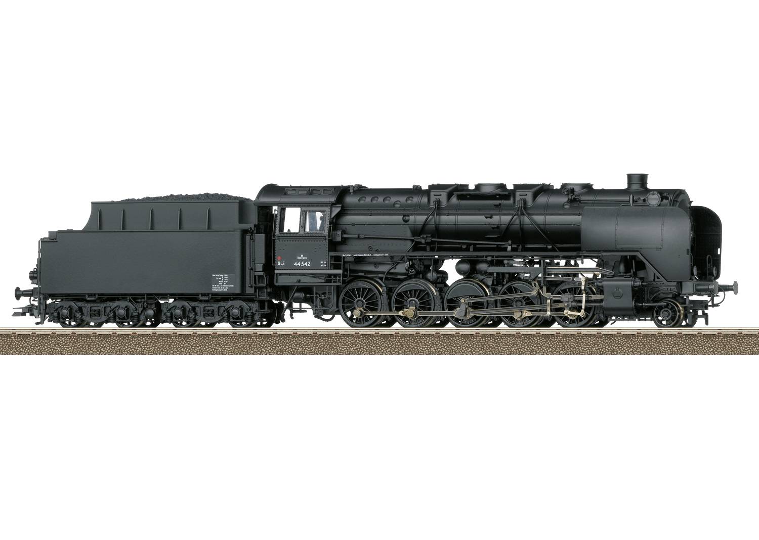 Steam locomotive model in black colour on rails, side view. Detailed representation with visible arrangement of wheels and boiler.