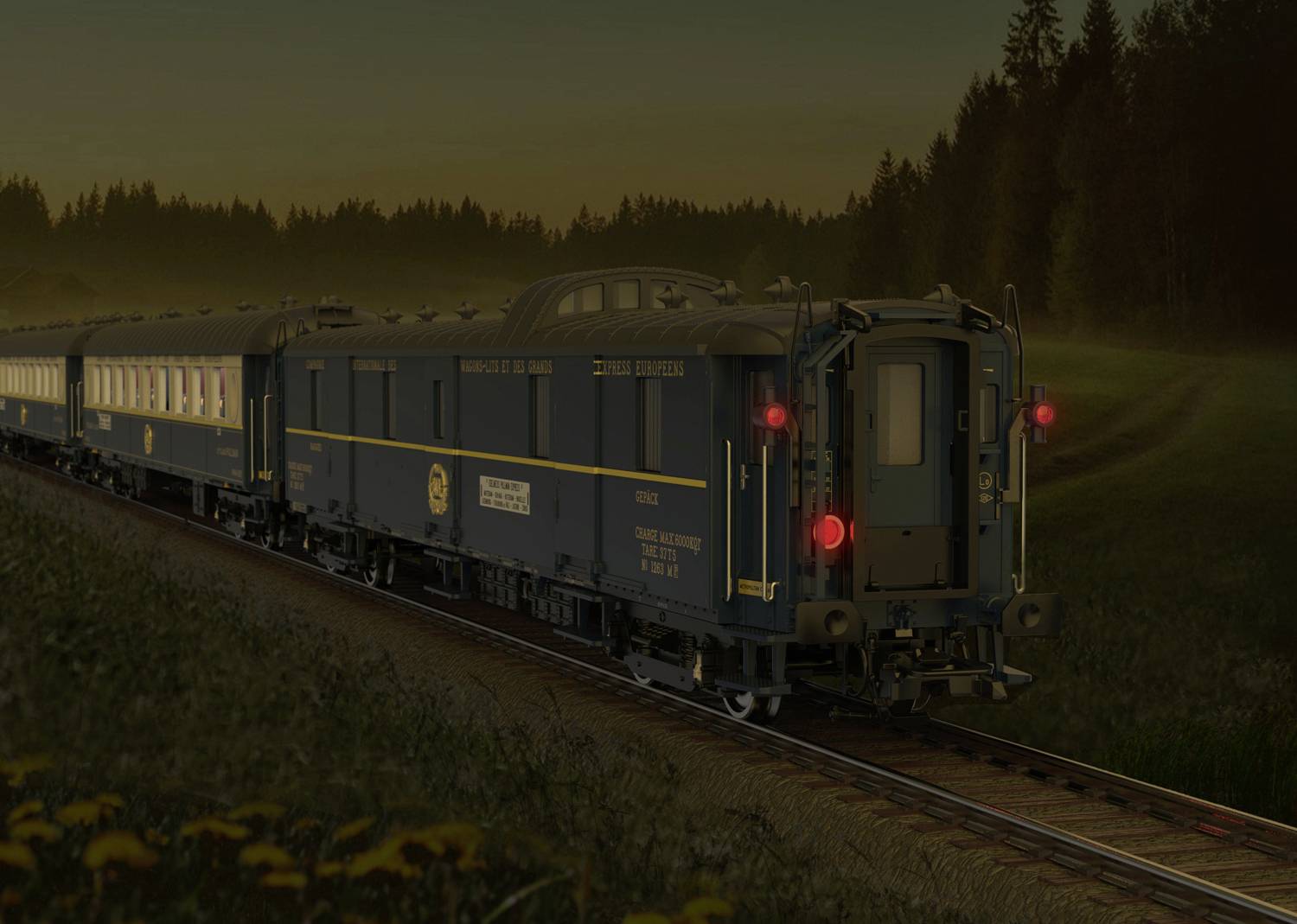 A nostalgic train travels through a rural, wooded landscape in the evening. The rear lights of the train glow red.