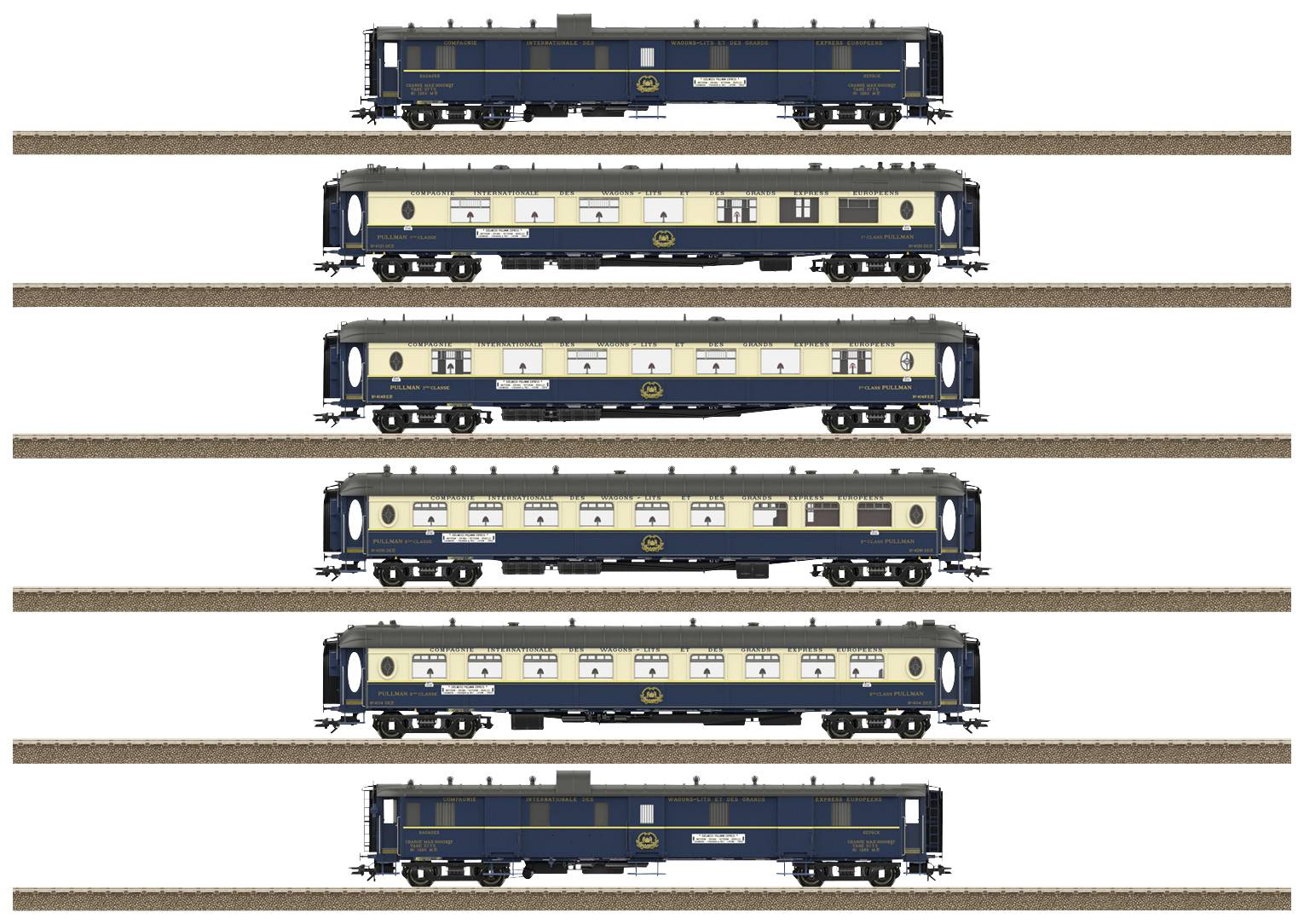 Five model railway carriages, in blue and yellow colouration, displayed on parallel tracks. Each carriage bears the 'Rheingold' logo.