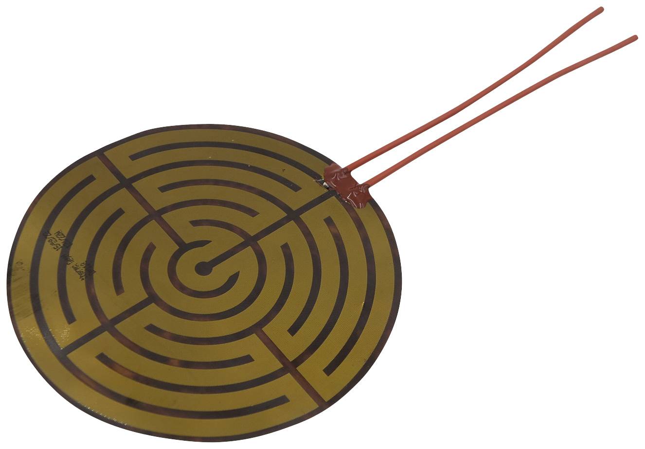 Labyrinth-style heating film with two red-insulated connection cables on a transparent background.