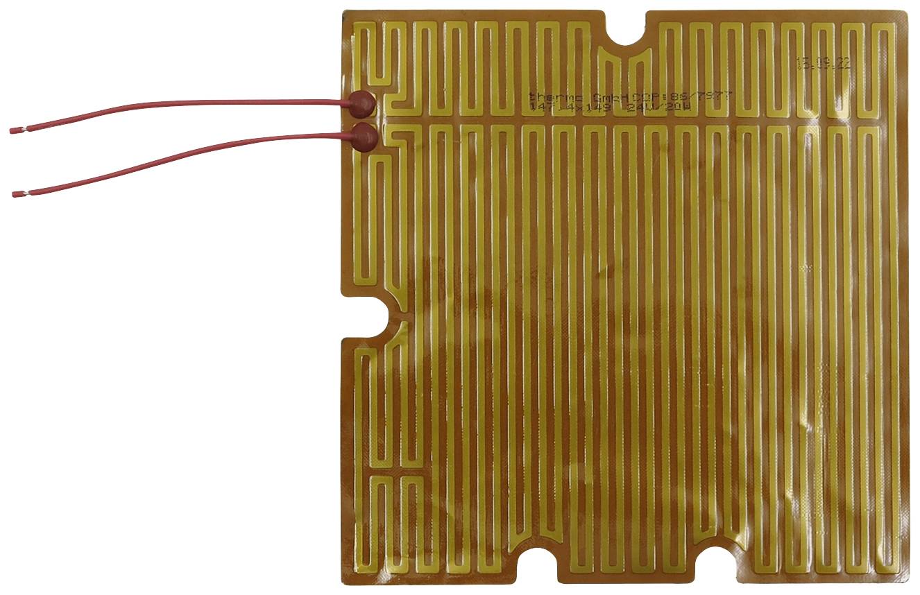 A flexible heating film with fine, meandering heating tracks and two red connecting cables.