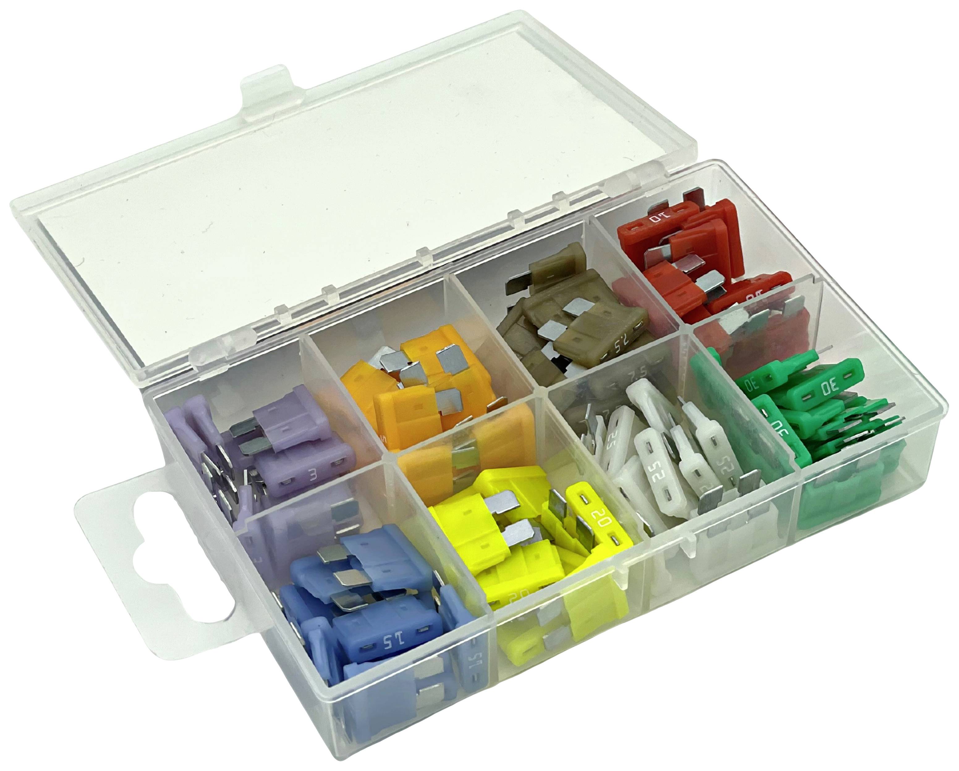 An open storage box with various coloured automotive fuses in separate compartments.