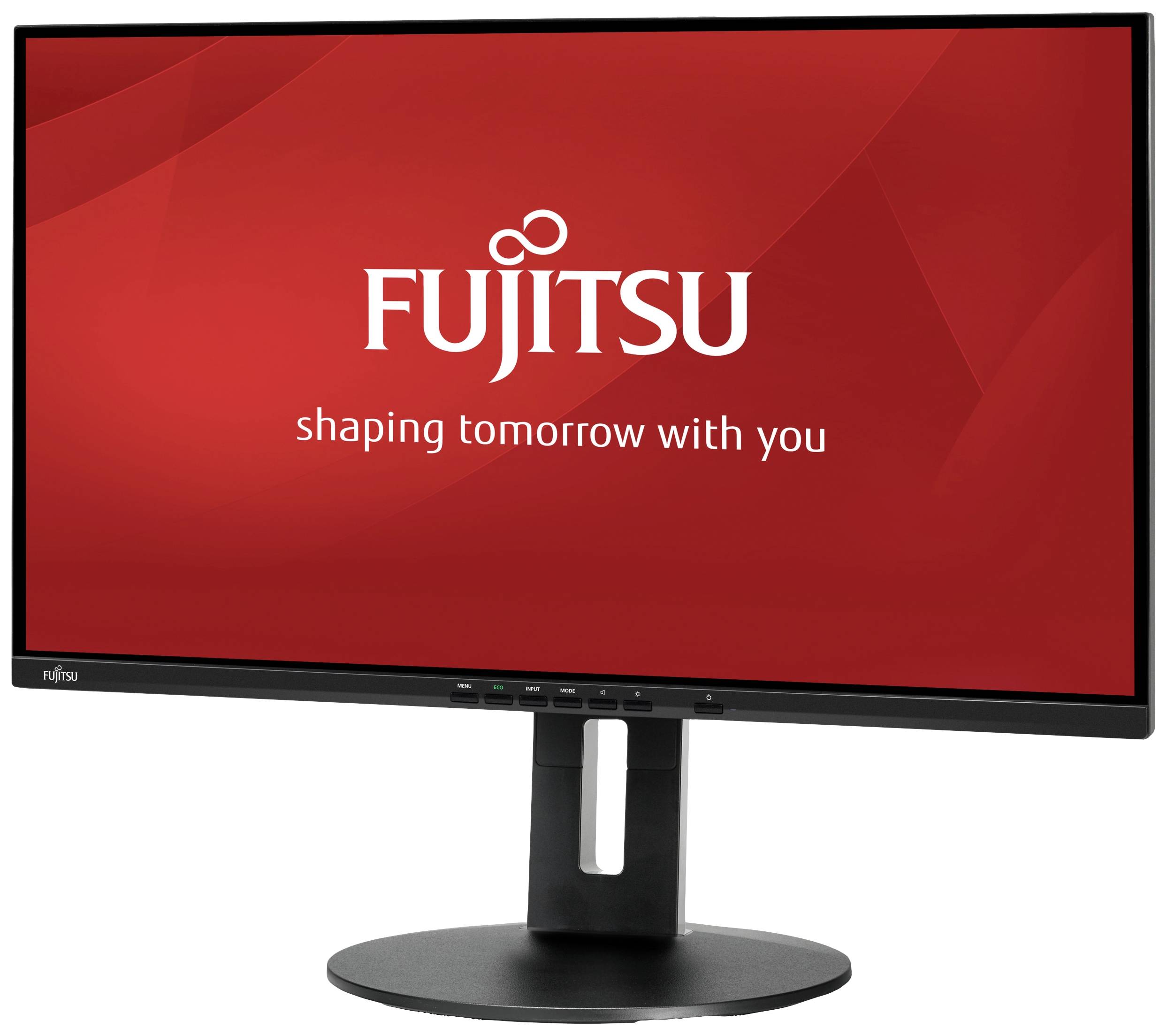 A Fujitsu monitor with a red background displays the text 'Fujitsu shaping tomorrow with you'.