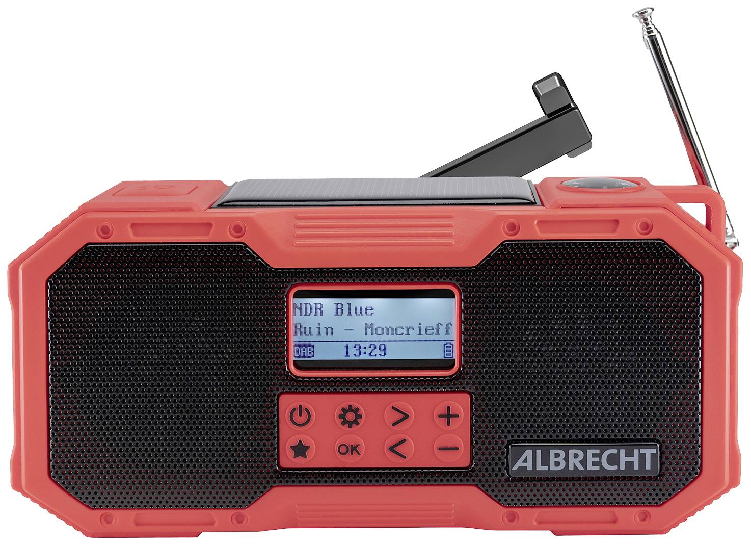 Albrecht DR 112 Outdoor radio DAB+, FM Emergency radio, USB, Bluetooth Battery charger, Crank, Solar panel, splashproof