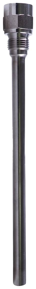 A metallic thermometer immersion sleeve with threading and a hexagonal head for mounting in pipe systems or equipment.