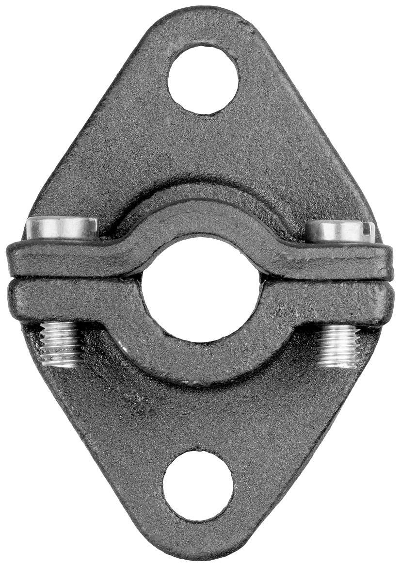 A grey, metallic mounting component in a diamond shape with two outer holes and a central aperture, used for fastenings.