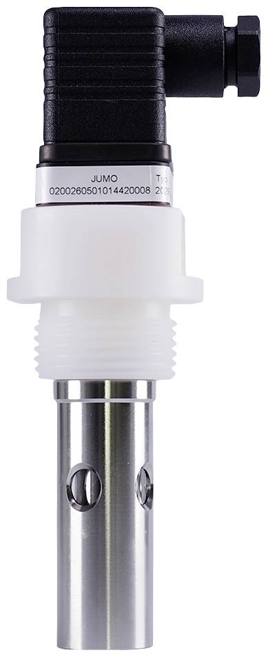 Industrial sensor with white thread and black head, suitable for measurements in various industrial applications.
