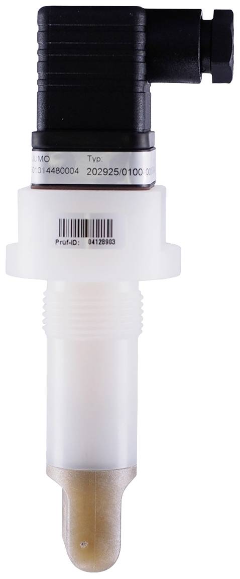 A sensor with a cylindrical casing and threaded screw, likely used for measuring temperature or conductivity in technical applications.