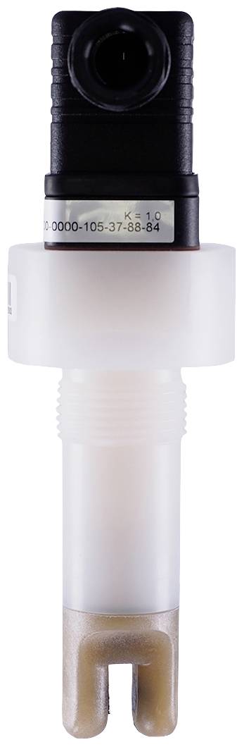 An electrical device with a black upper section and a white plastic casing. A measuring probe is visible at the bottom.