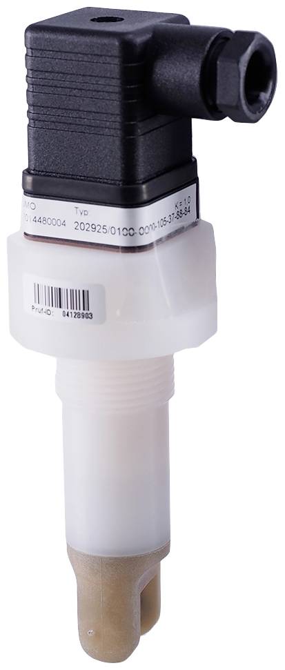 A sensor with a plastic housing, suitable for industrial applications. It has a black connection plug on top.