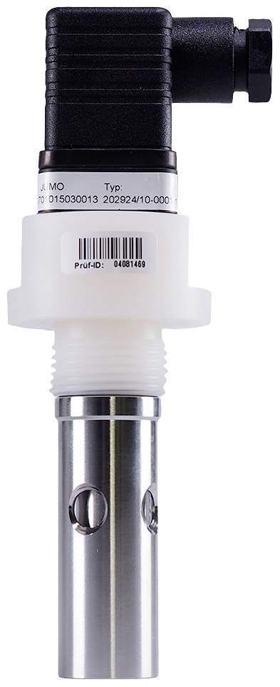A sensor with metal and plastic components, on a white background. Black connector part at the top, cylindrical metal tips at the bottom.