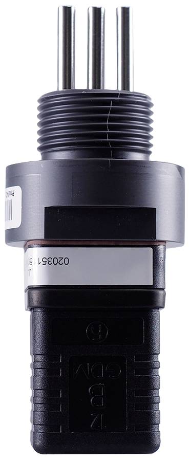 A cylindrical metallic sensor with four pins at the top and a black plastic housing at the bottom. Designed for industrial applications.