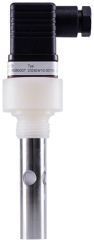 An electrical sensor with a cylindrical metal rod and black connection head, suitable for industrial applications.
