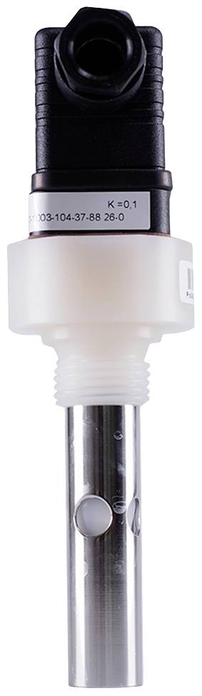 A metallic sensor with a plastic housing and connection for measuring in liquids.