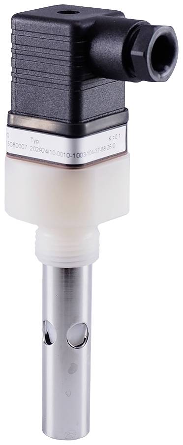 A cylindrical sensor with a black connector housing and two holes in the metal rod, used for liquid monitoring in industrial applications.