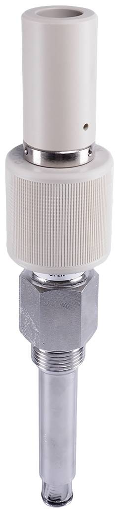 Sensor with a white housing and metal connection. Used for precise measurements in industrial applications.Sensor with a white casing and metal connector. Used for precise measurements in industrial settings.