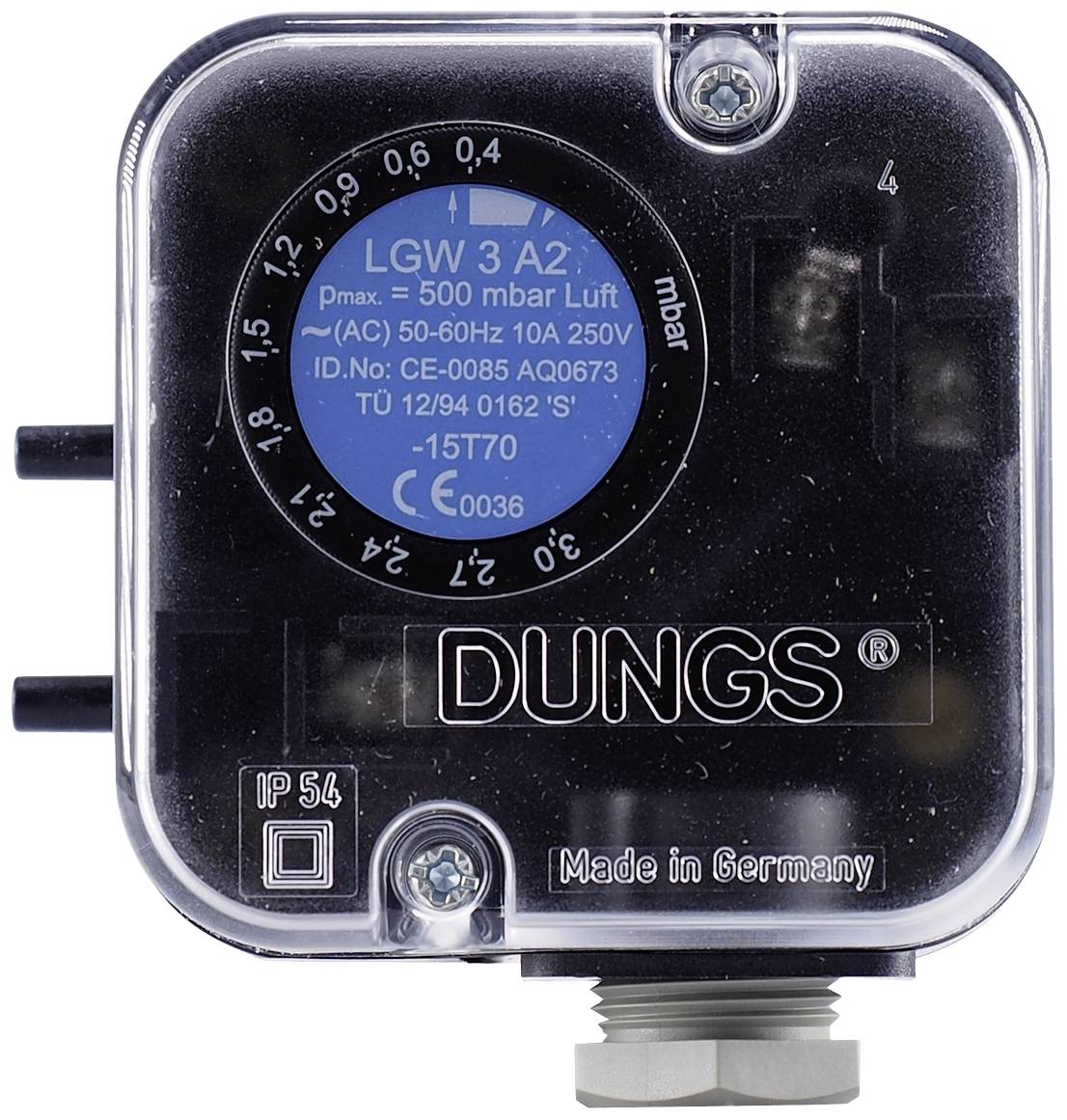 A pressure monitor by Dungs, Model LGW 3 A2, with a specification of max. 500 mbar air pressure and an electrical specification of 250V.
