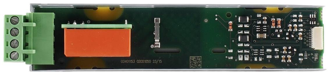 Electronic circuit board with a green terminal block on the left, an orange block in the centre, and various components on the right.