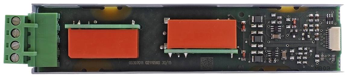 Electronic circuit board with green and red components, wire connections on the left; part of a control unit or sensor.