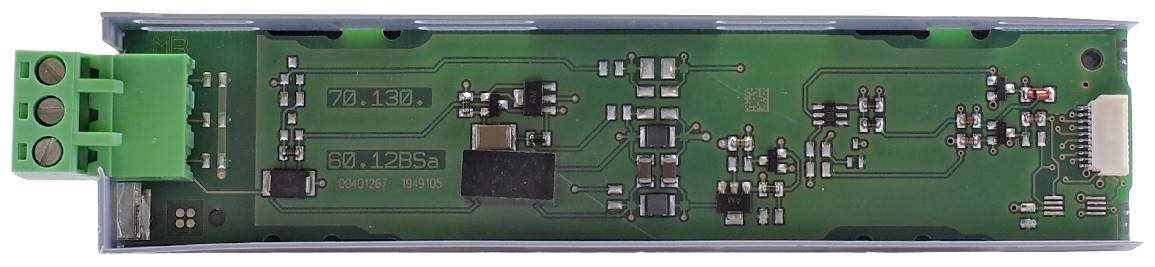 Electronic circuit board with green components and multiple silver-coloured connectors. It could be part of an industrial device.