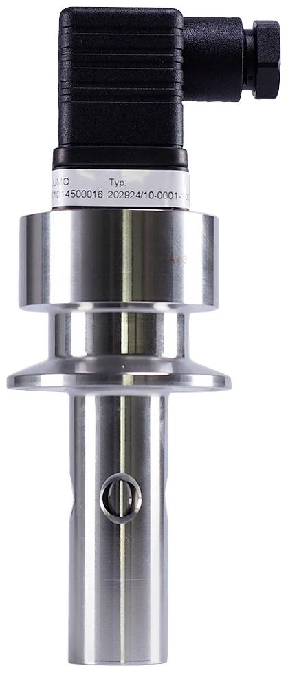 Single metal sensor device with a black plastic housing on top and connections, used for measuring physical parameters.