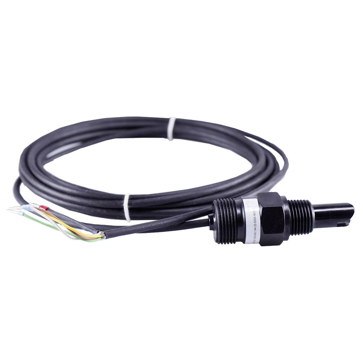 A black cable with multiple wires and a cylindrical sensor at one end, suitable for electrical connections or measurements.