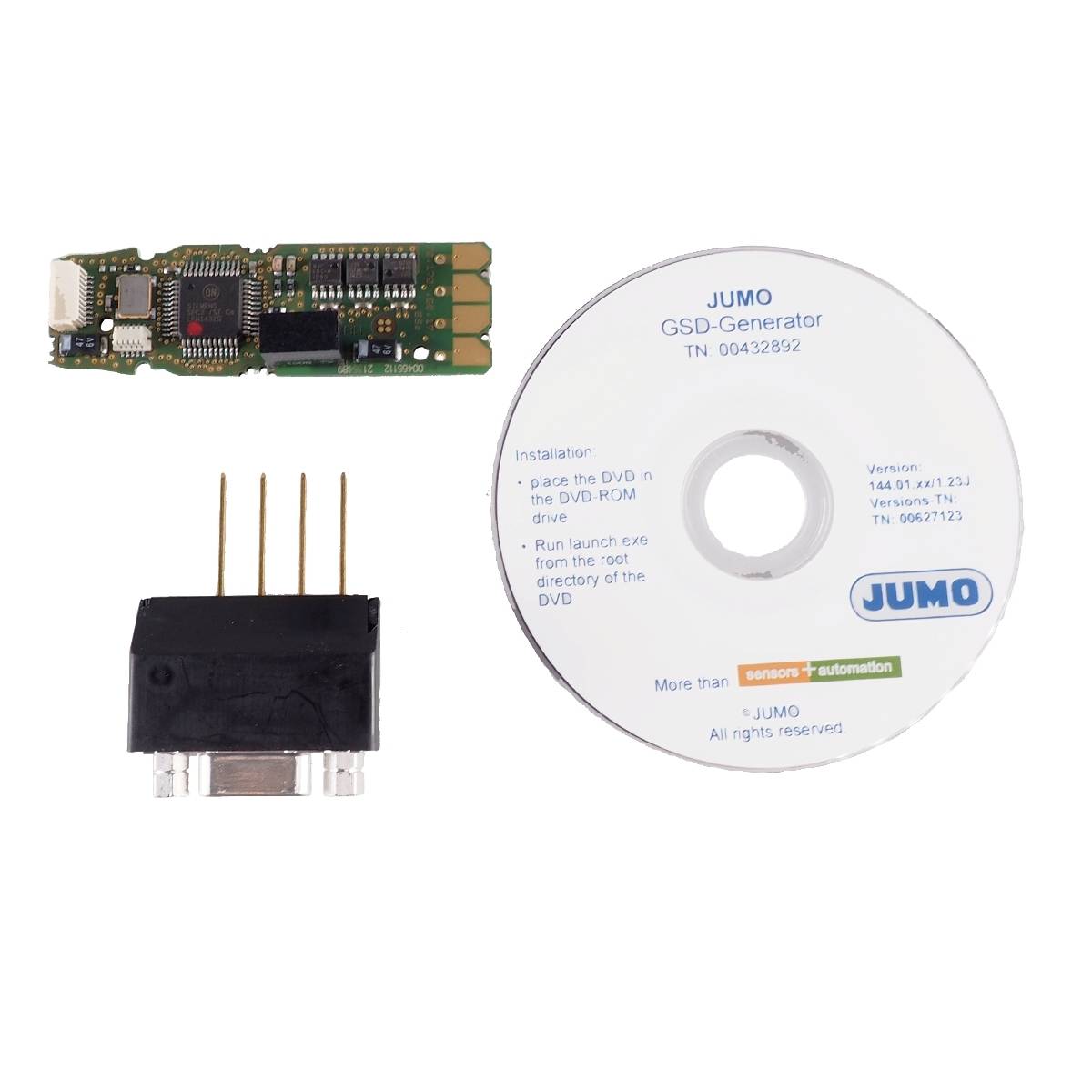 Electronic component, plug-in module and software CD from Jumo. CD contains installation instructions for GSD generator.