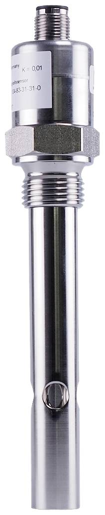 A silver sensor for industrial applications, cylindrical, with a connection on top and a screw connection in the centre.