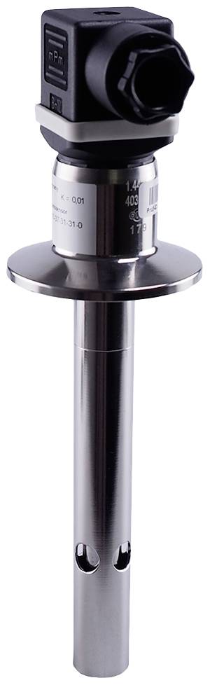 A silver sensor with a black connector, vertically aligned. Used for measurement in industrial processes.
