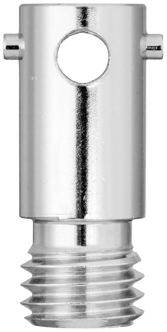 A silver metal component with a cylindrical neck, a threaded screw connection at the bottom, and a round hole in the centre.