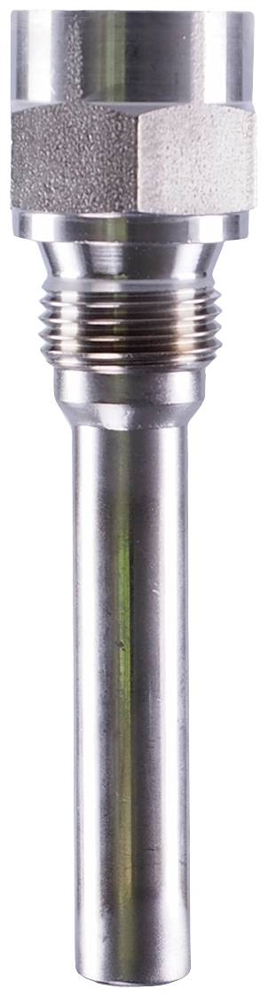 Metal sensor with threaded connection, cylindrical shape, approximately 10 cm long, used for temperature measurements.