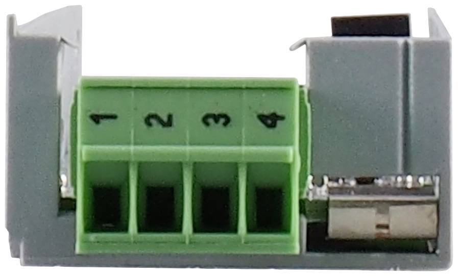 A grey PCB with a green connector labelled with numbers 1 to 4. To the right, a small silver metal switch.