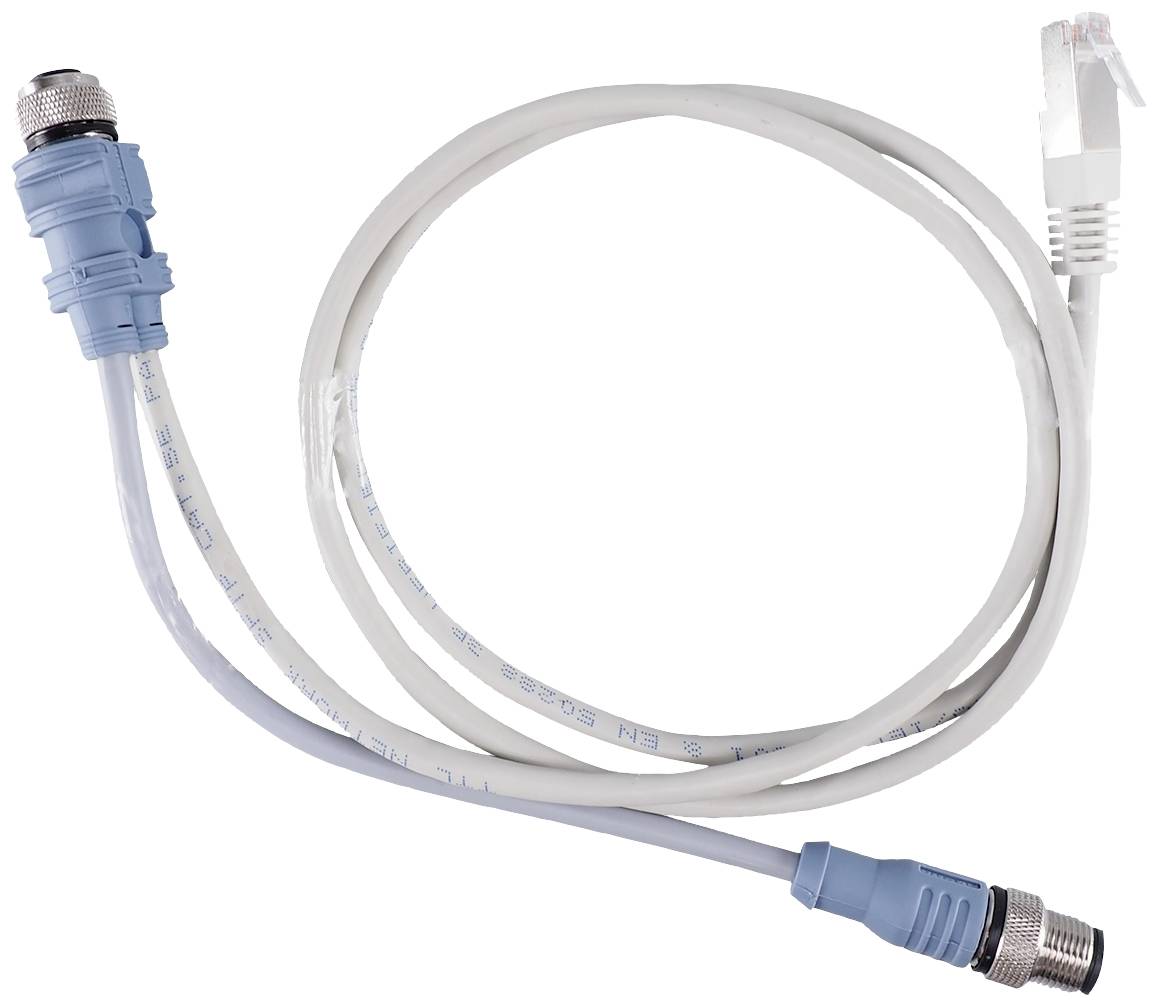 A white Ethernet cable with RJ45 connector and blue quick-release adapter, preventing water and dust ingress.