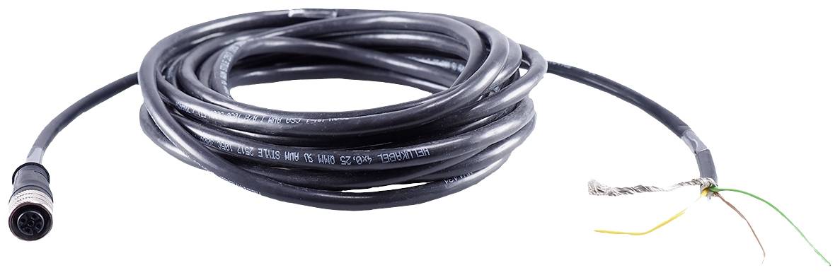 Black cable with a round plug on one side and exposed, coloured wires on the other side, shown coiled up.