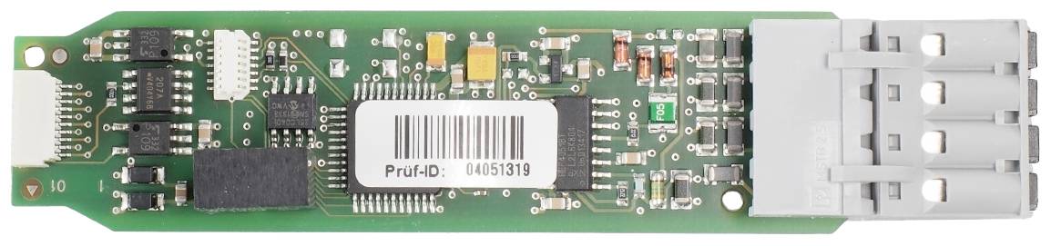 Electronic circuit board with a green PCB, featuring chips, resistors, and a barcode sticker reading 'ProdID: 04561318'.