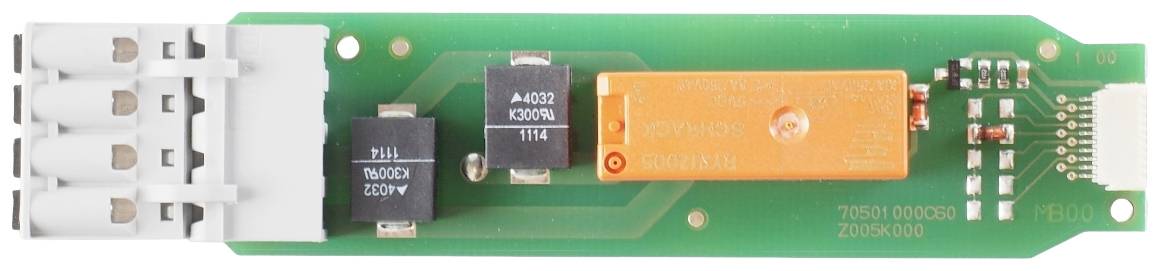 A green circuit board with electronic components, including multiple connectors and an orange relay in the centre.