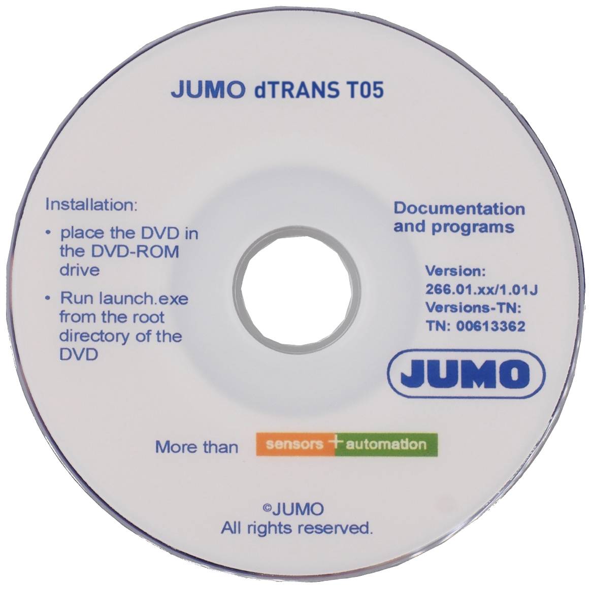 DVD with the inscription 'JUMO dTRANS T05' shows installation and programming instructions for JUMO sensors, Version 266.01.xx/1.01J.