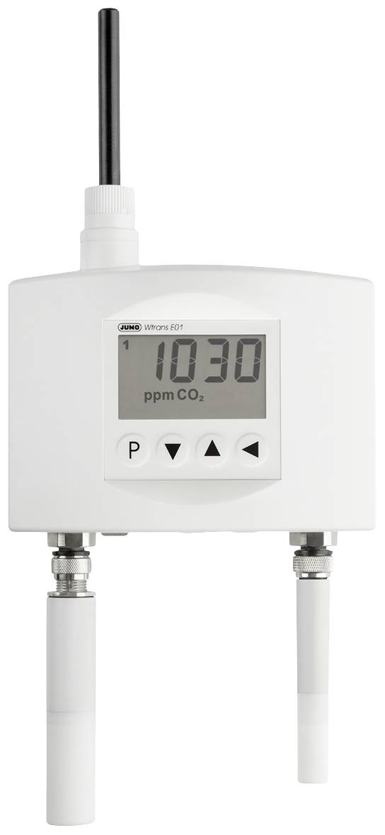 CO2 metre with display showing 1103 ppm. Aerial at the top, two sensors at the bottom. Device for monitoring air quality.