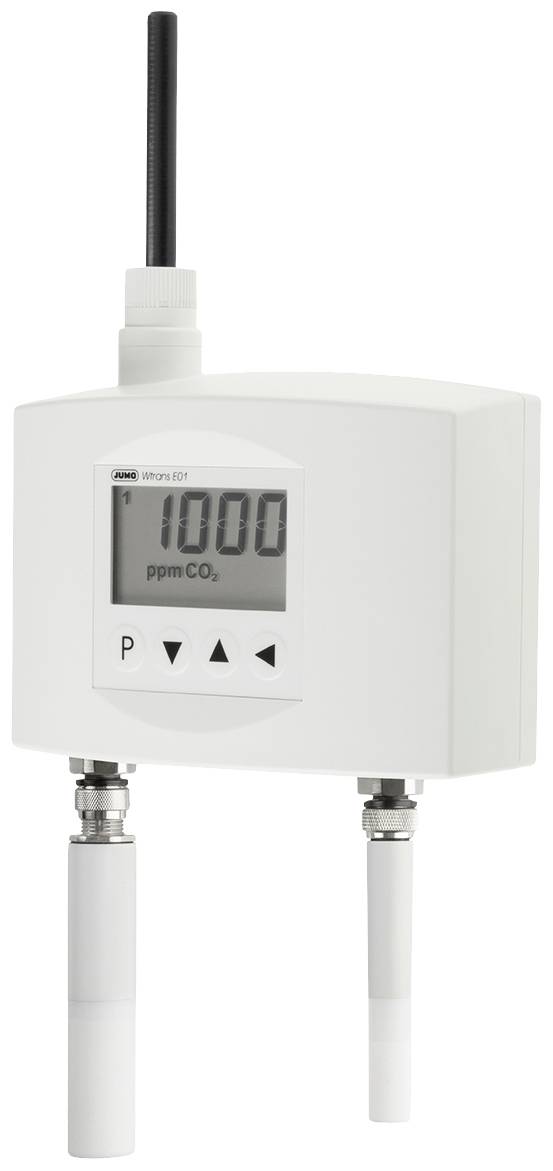 A CO2 meter is displaying a reading of 1,000 ppm on a digital display. It has an aerial and two sensors underneath.