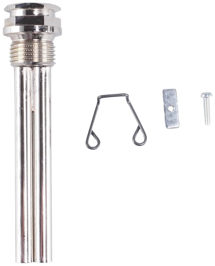 Metal chimney pipe with clamp and screw, used for connecting chimney components in heating systems.