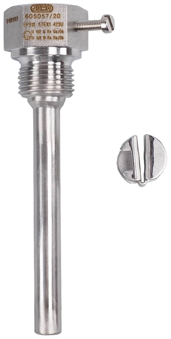 Industrial metal probe with threaded connection and separate metal head, suitable for temperature measurements in industrial applications.