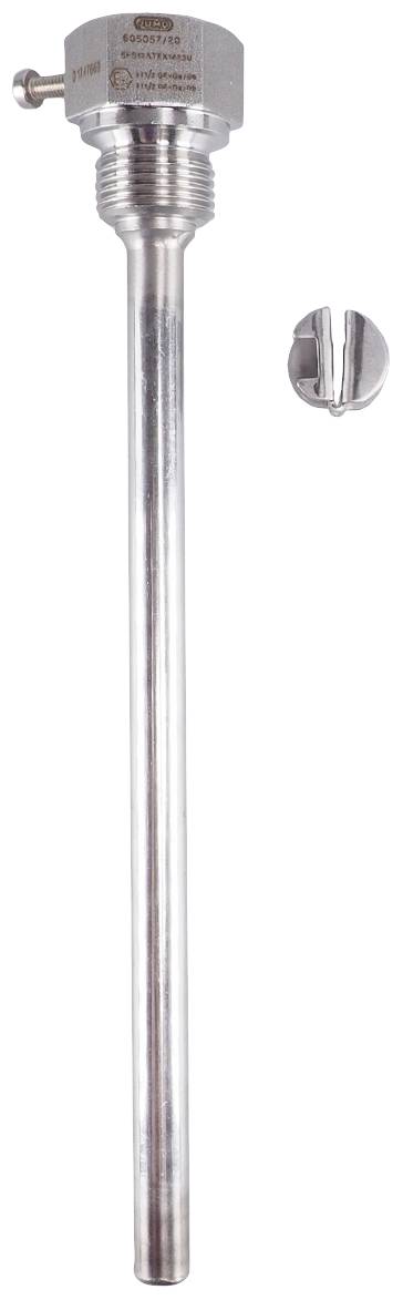 A metal immersion tube with threading and screw closure, used as a protective device for sensors or thermocouples in applications.