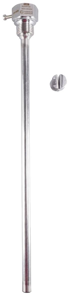Metal rod with a round head and a separate, flattened metal piece beside it. Possible component of a technical device.