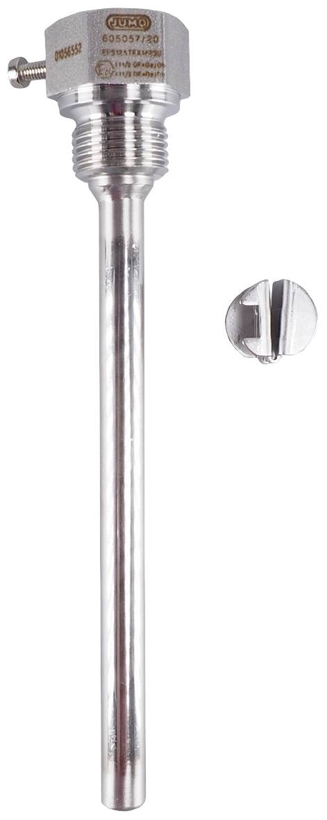 A silver metallic sensor with thread and screw connection, positioned next to a single screw.