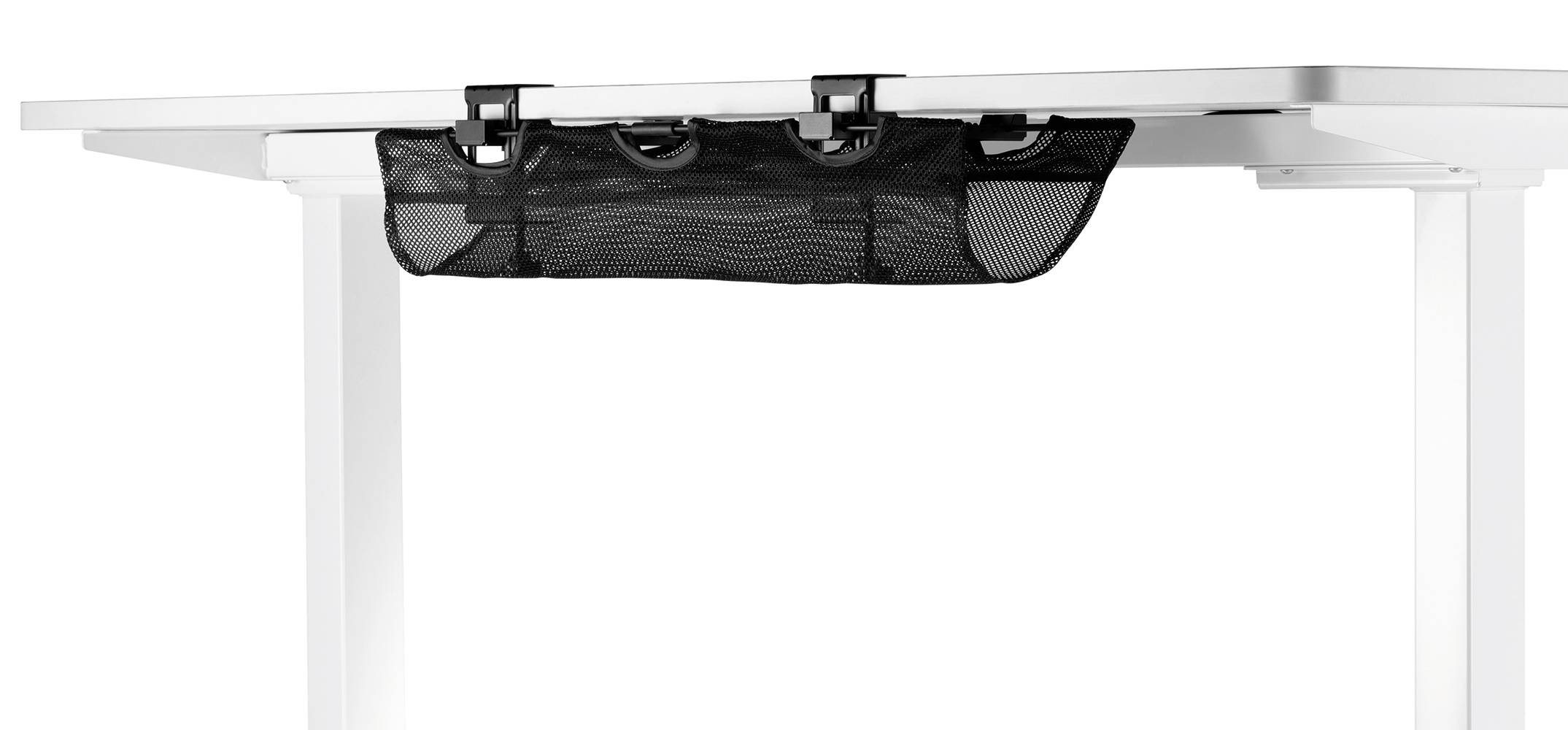 Beneath a white table, a black cable management net is attached.