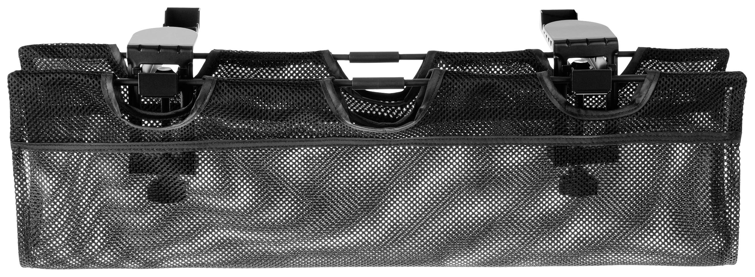 Car seat organiser made from black mesh material with multiple compartments, suitable for attaching to a car seat for storing items.