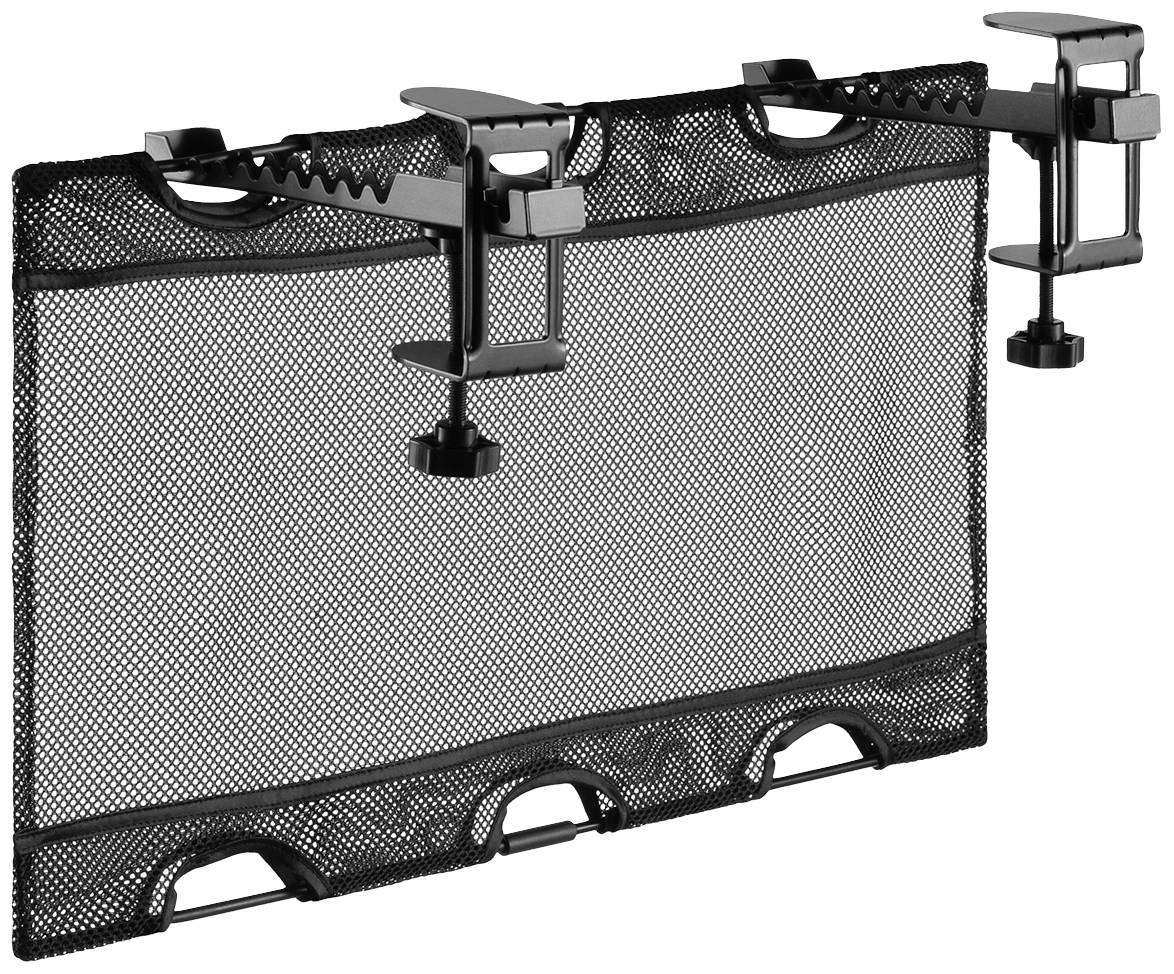 A black, rectangular mesh desk grid with two mounting clips for attaching to desk edges.
