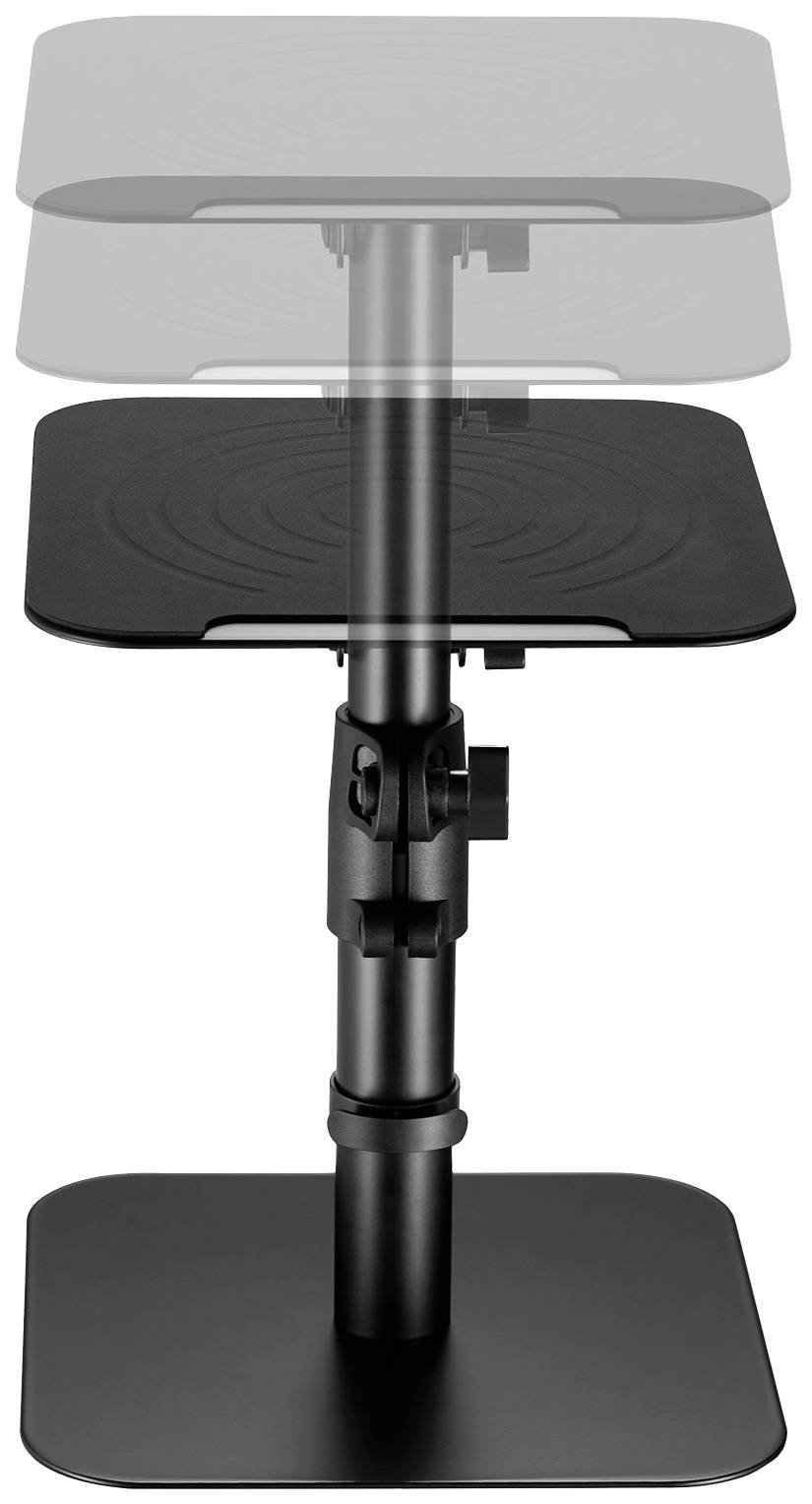 A height-adjustable, black laptop stand with three levels for height adjustment, ideal for ergonomic workspace design.