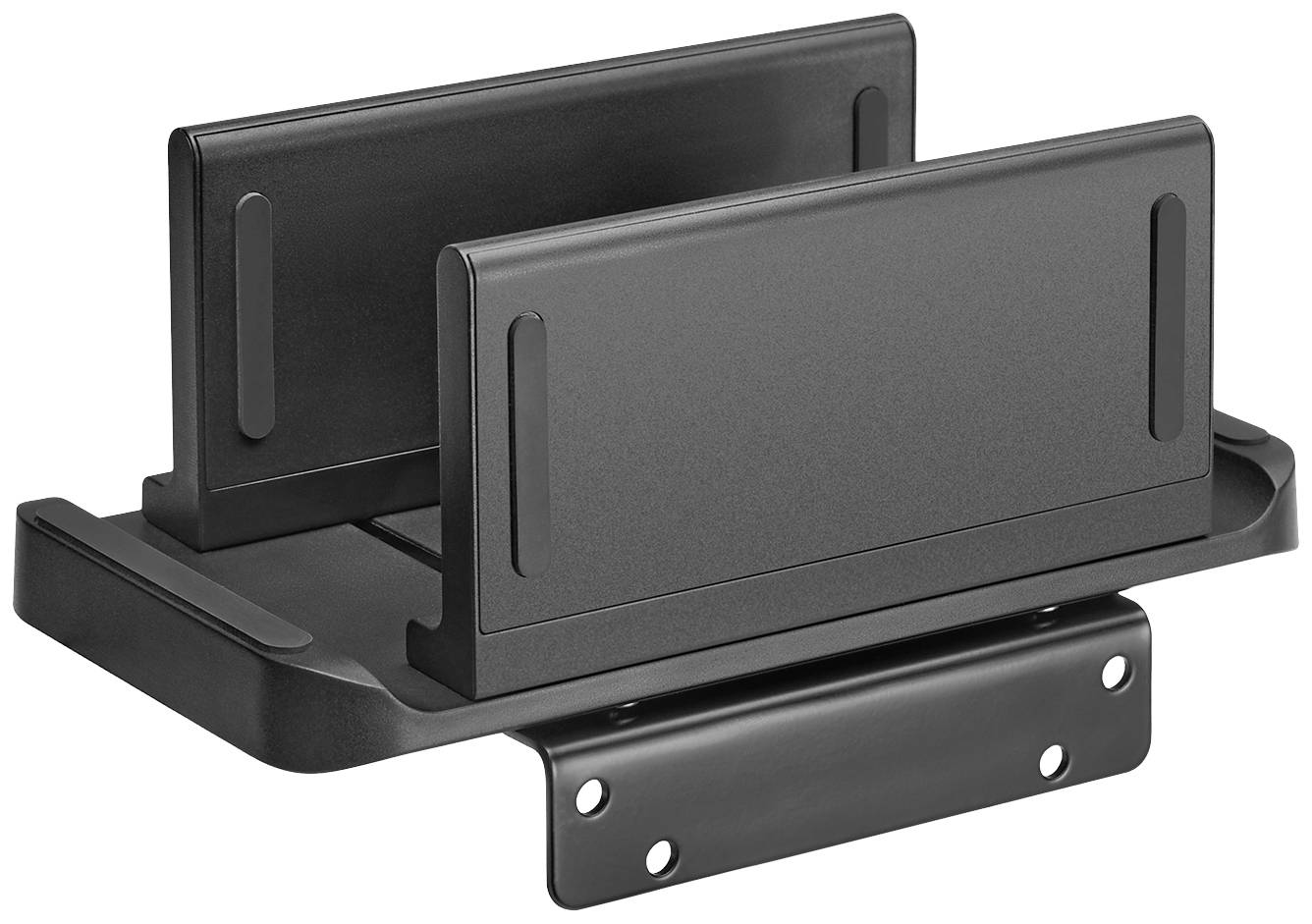 A black, adjustable vertical stand for a console or electronic device, with non-slip strips.