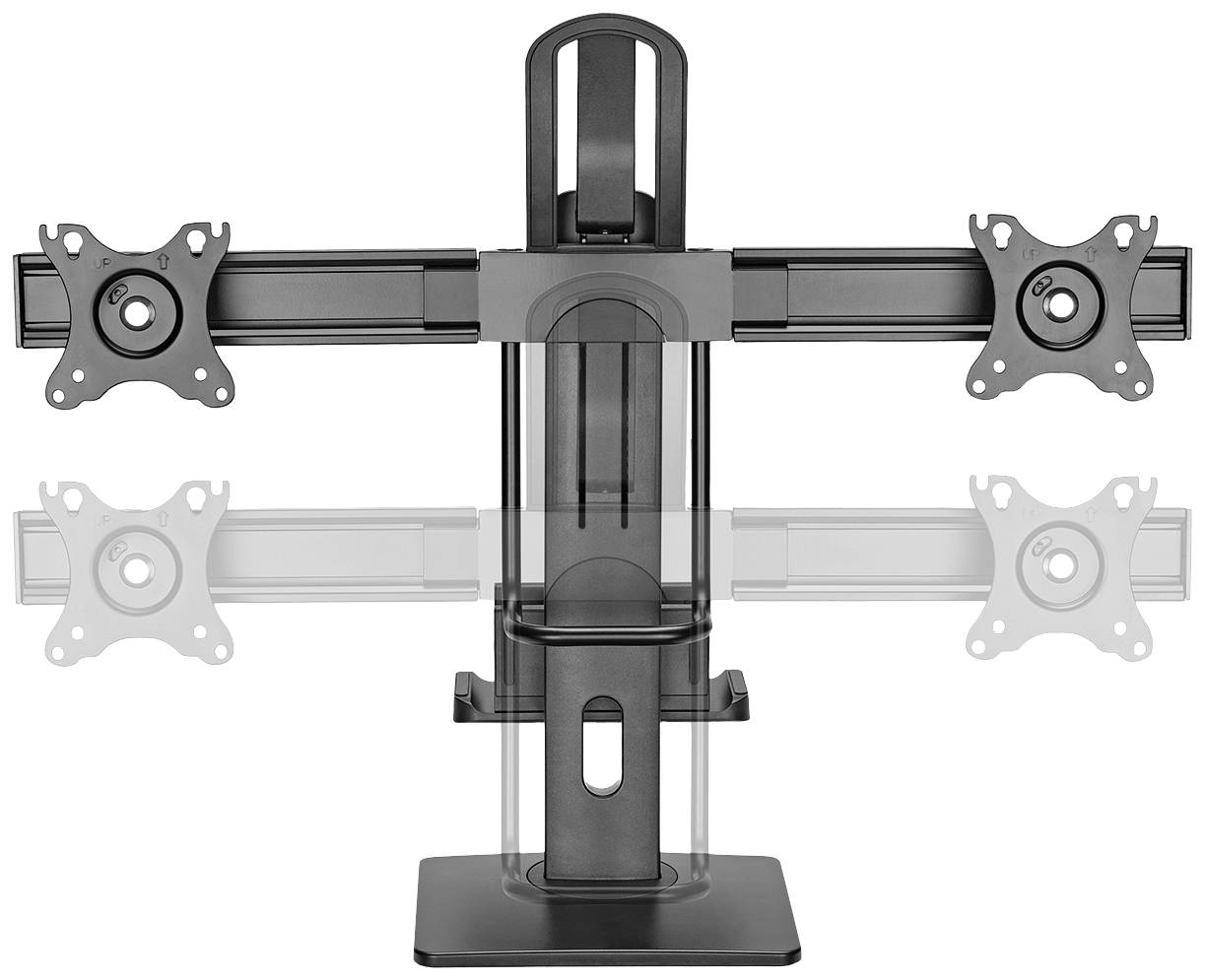 Black monitor mount with two VESA mounts, suitable for two screens. Freestanding on a stable base.